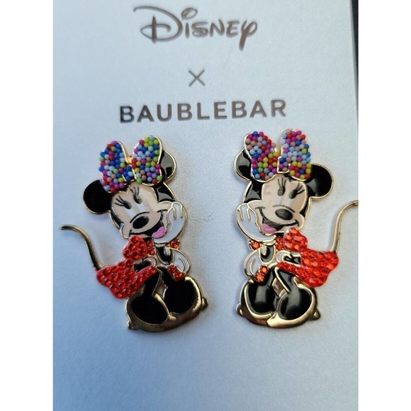 New Disney X BaubleBar Minnie Mouse Sparkly OrangeDress Multi-Color Bow Earrings - Picture 2 of 4